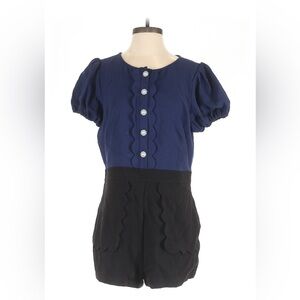 Maeve Size 14 Scalloped Romper Navy Black Pearl Buttons Puff Sleeve Preppy